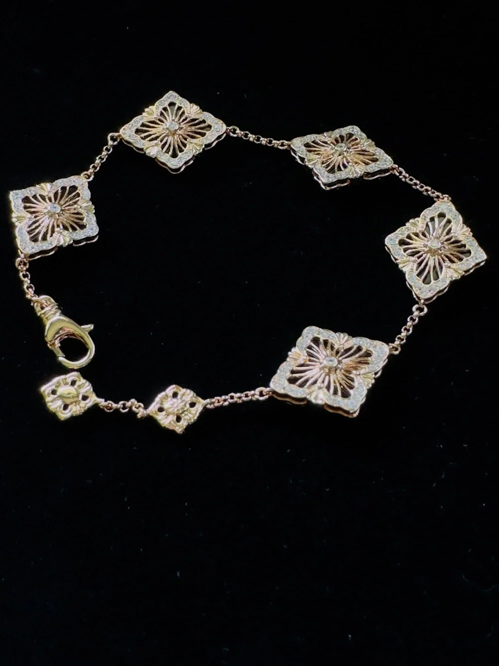 Elegant Rose Gold Floral Filigree Square-Link Bracelet— Red